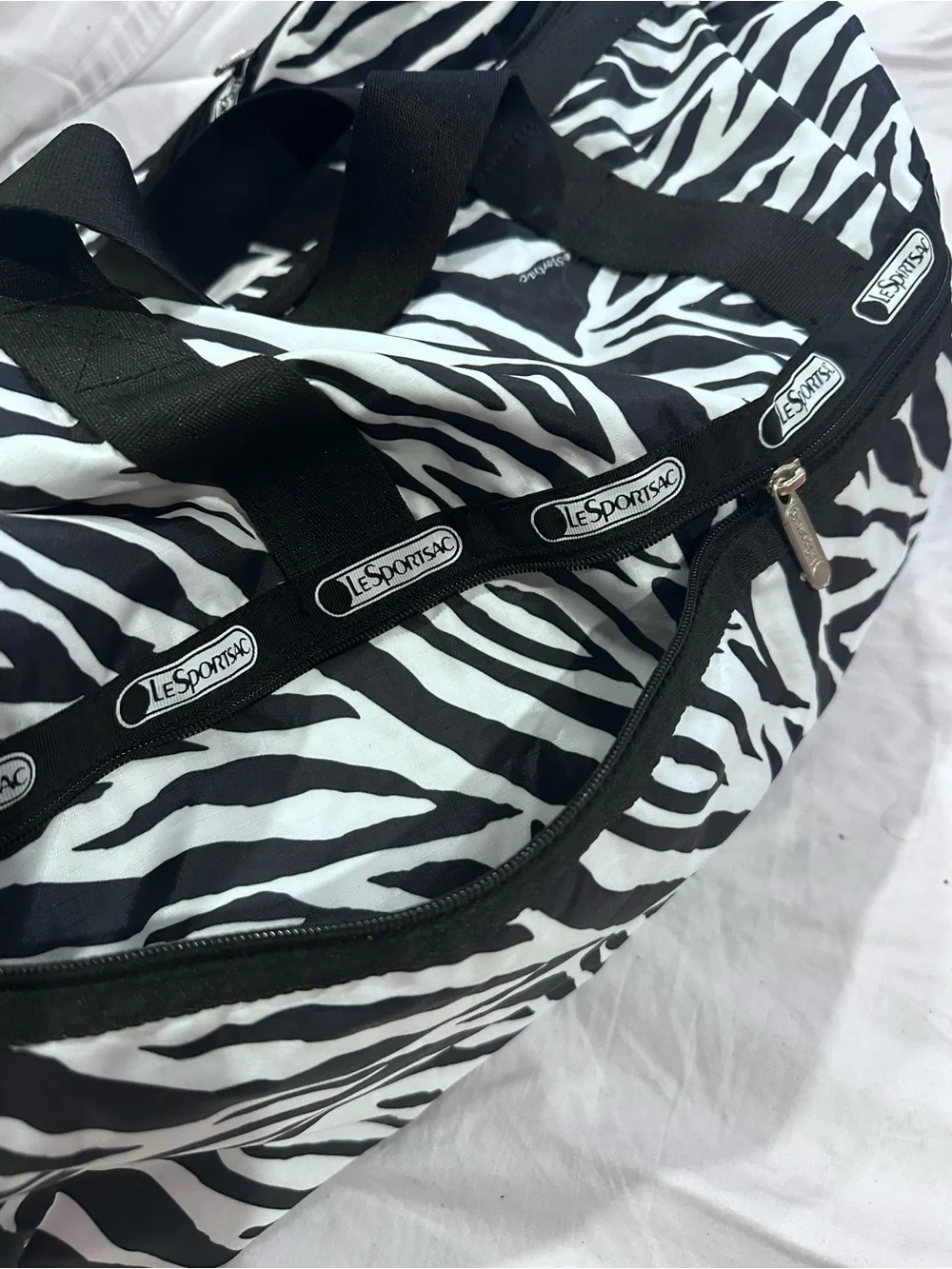 Lesportsac Zebra-Print Duffel Weekender Bag in Black & White